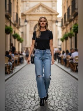 BCBGMaxAzria Light Blue Wide-Leg Denim Jeans with Raw Hem